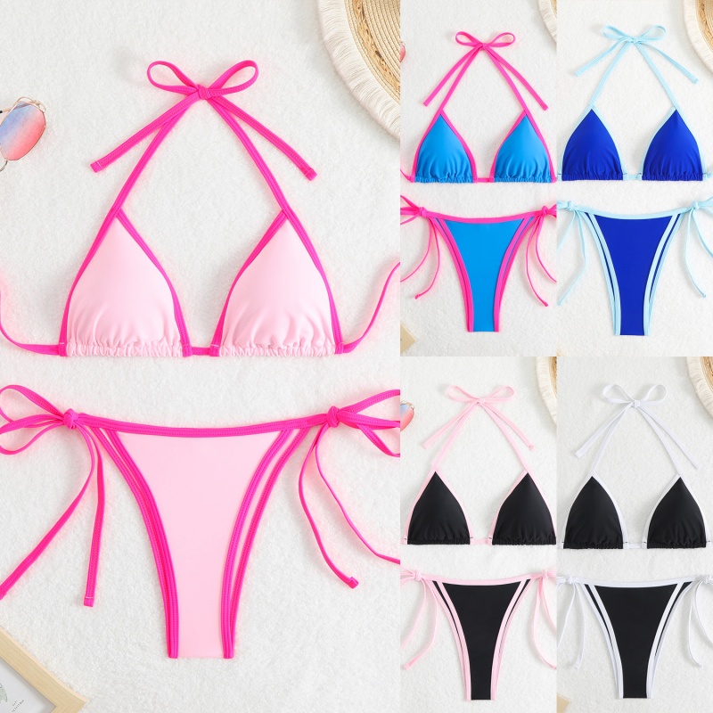 2025 Nová pevná látka - barevné ženy\\Je sexy dva - Barva trojúhelníku - Blokujte bikiny. Evropský a americký styl s vazbami, vhodný pro pláž a horký jaro QT25003 Cena:$79,99